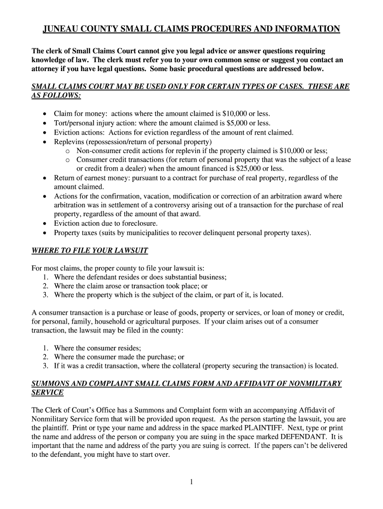 Fillable Online JUNEAU COUNTY SMALL CLAIMS PROCEDURES AND INFORMATION