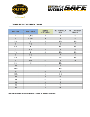 Fillable Online OLIVER SIZE CONVERSION CHART Fax Email Print - pdfFiller