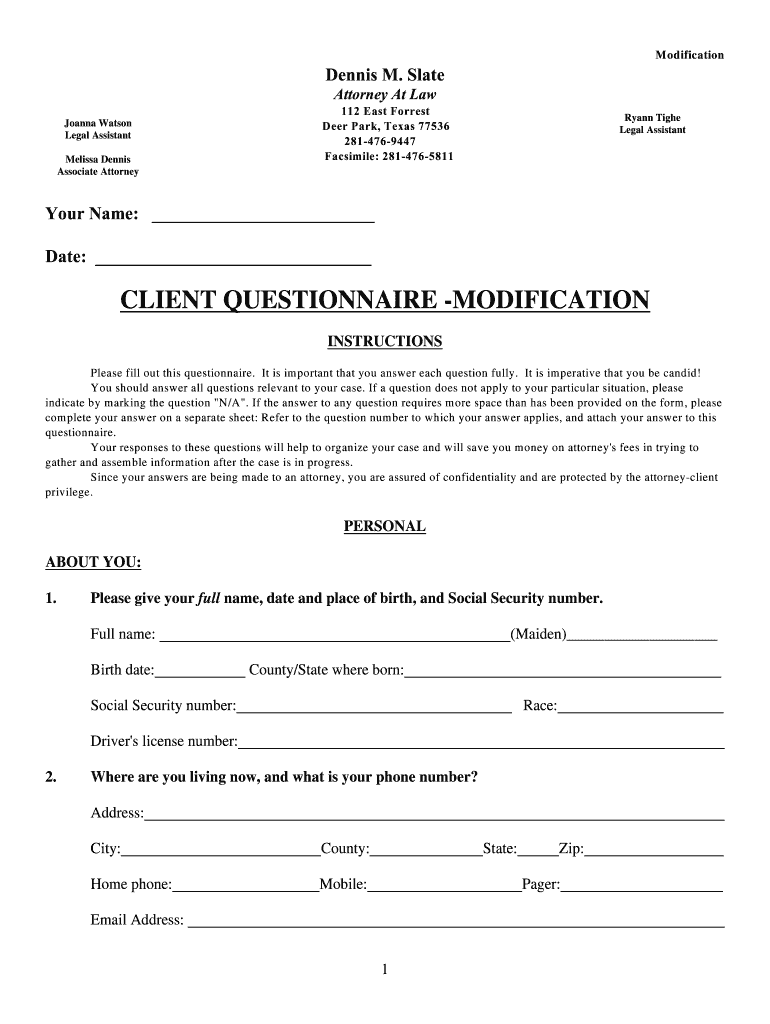 Fillable Online CLIENT QUESTIONNAIRE MODIFICATION Deer Park Divorce