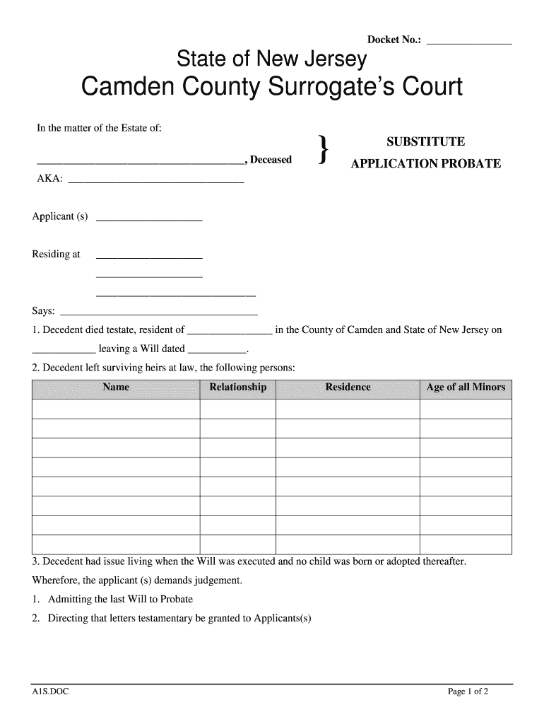 Fillable Online State of New Jersey Camden County Surrogates Court In