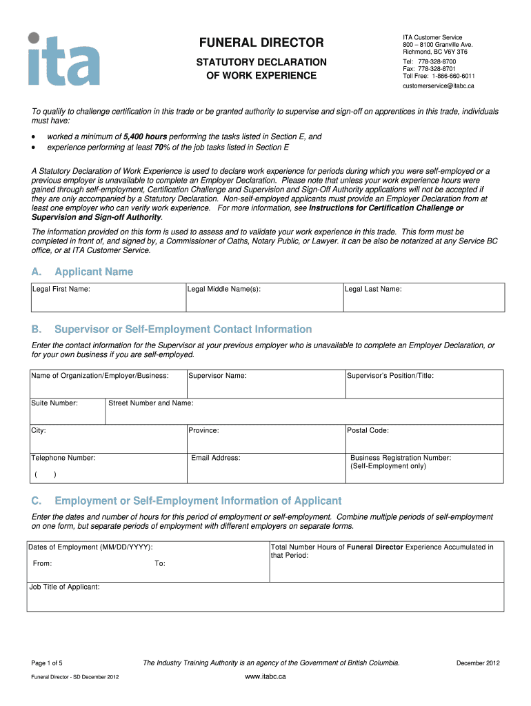 Fillable Online FUNERAL DIRECTOR Industry Training Authority Fax