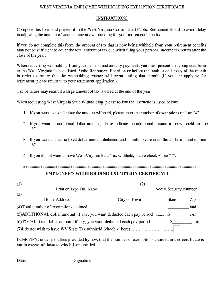Fillable Online WEST VIRGINIA EMPLOYEE WITHHOLDING EXEMPTION