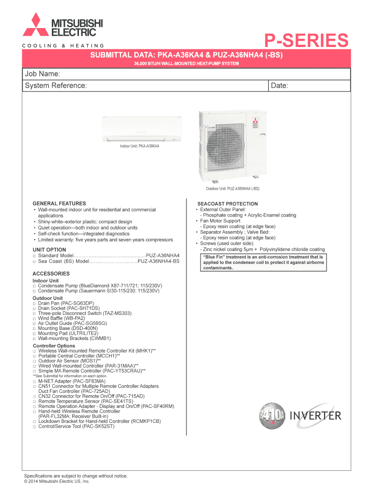 Fillable Online PKA-A36KA4 - Mitsubishi Electric Cooling & Heating Fax