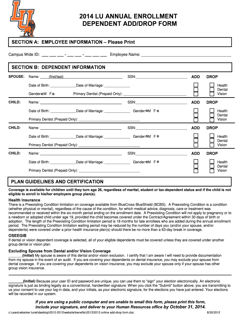Fillable Online langston 2014 NNUAL ENROLLMENT LU A DEPENDENT ADD/DROP