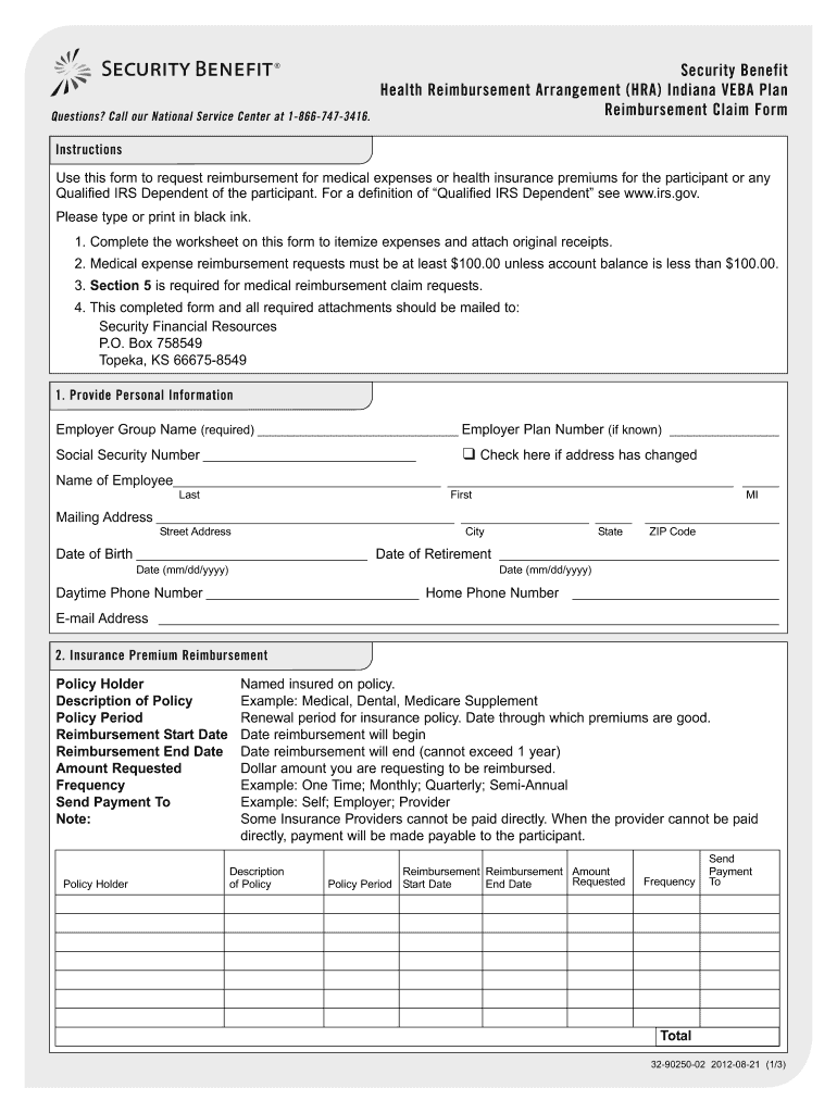 2012 IN Security Benefit Reimbursement Claim Form Fill Online