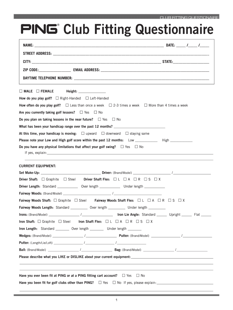 Ping Club Fitting Questionnaire Fill and Sign Printable Template