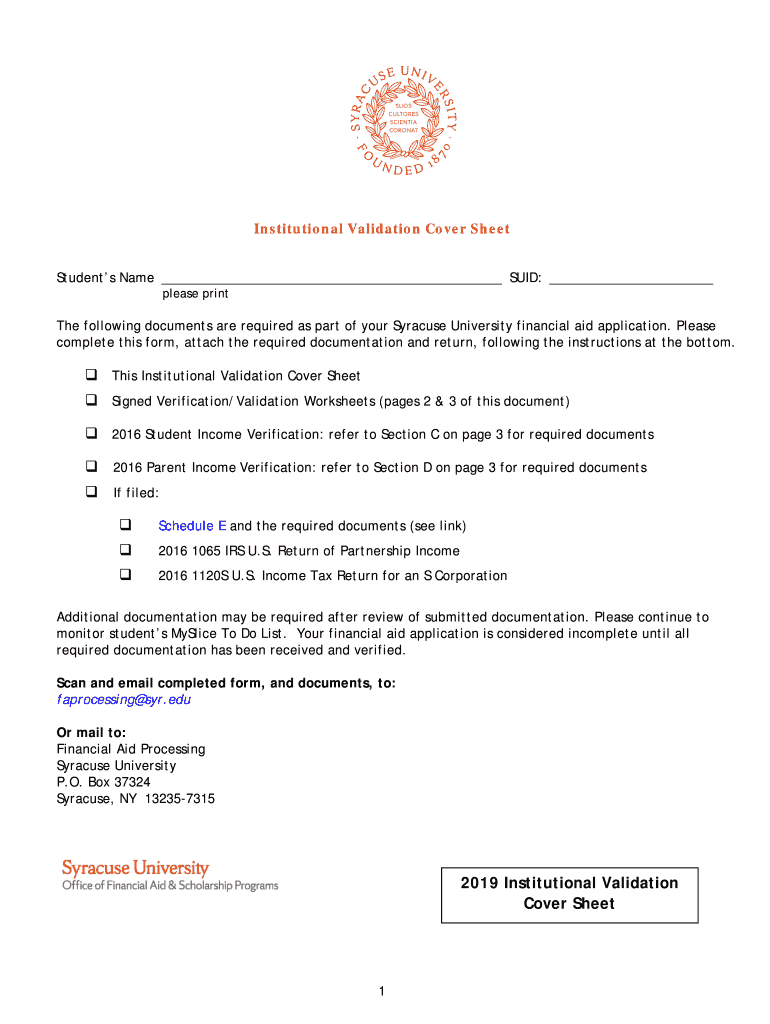 Fillable Online financialaid syr Institutional Validation Cover Sheet Financial AidSyracuse
