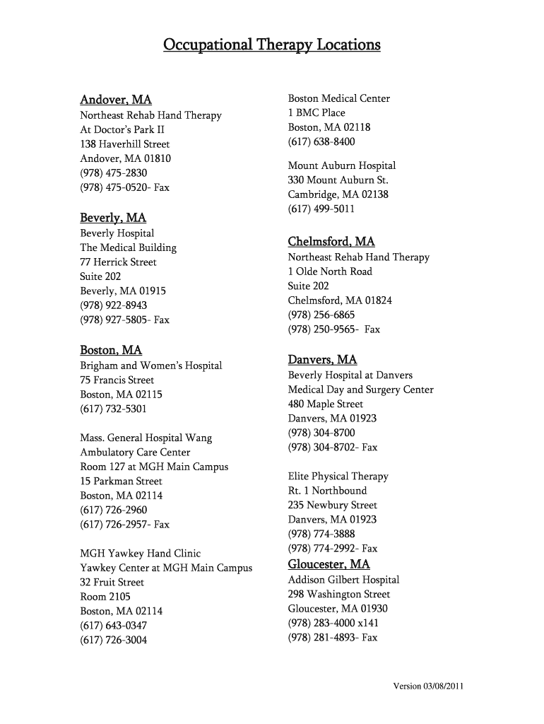 Fillable Online Occupational Therapy Locations Sports Medicine North