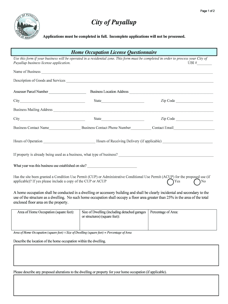 Fillable Online City of Puyallup license Business Licensing Service