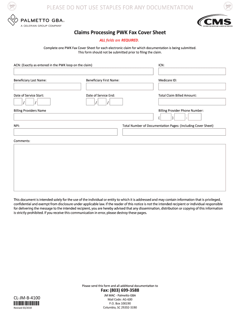 Palmetto GBA Claims Processing PWK Fax Cover Sheet 20192021 Fill and