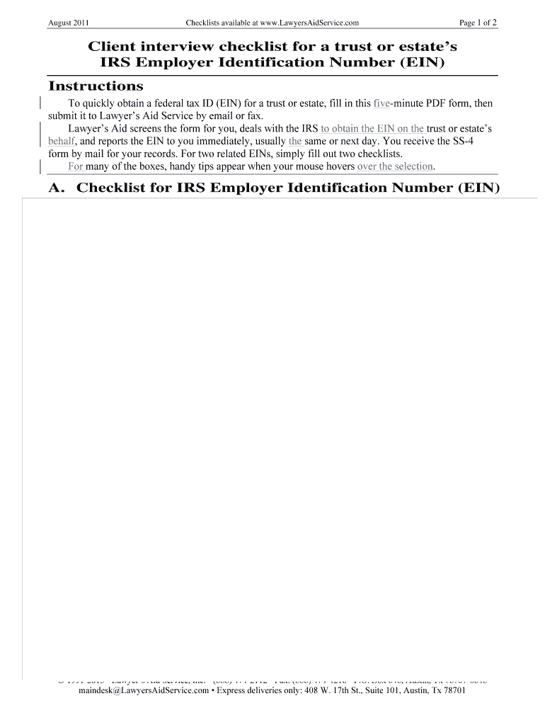 Fillable Online (EIN) Instructions A. Checklist for IRS Lawyer's Aid