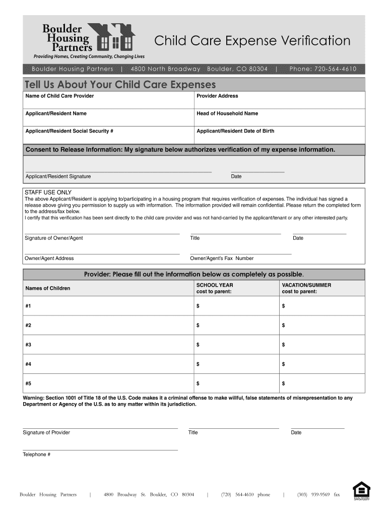 Fillable Online boulderhousing Child Care Expense Verification