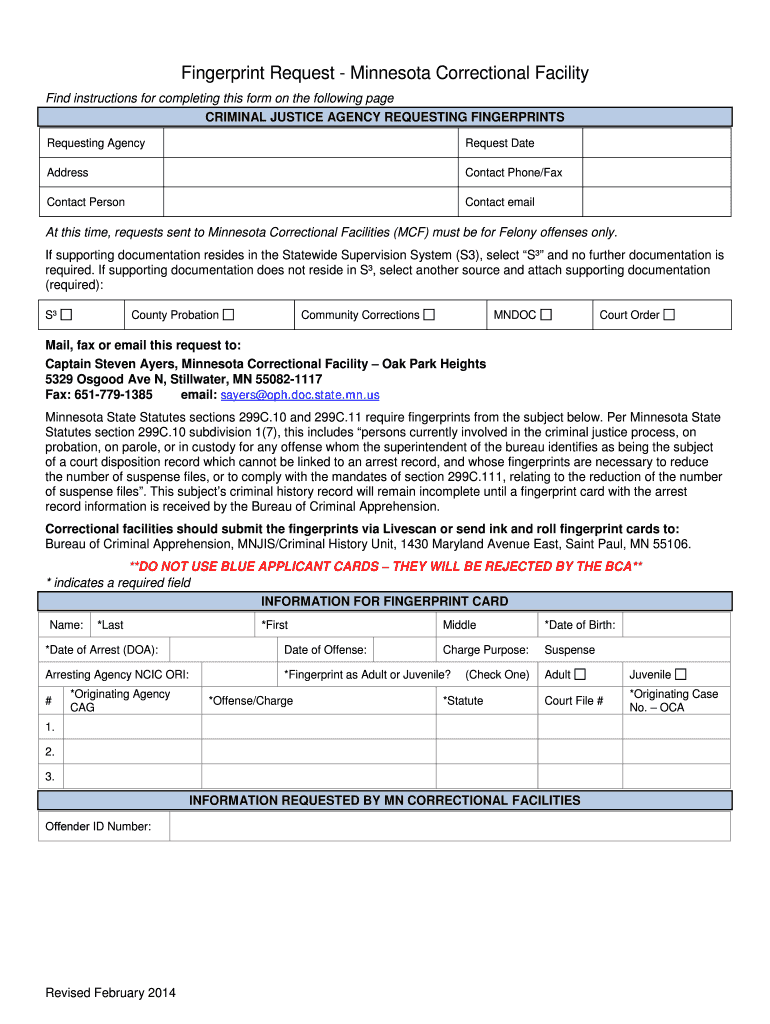 Fillable Online dps mn Fingerprint Request Form Corrections Facility
