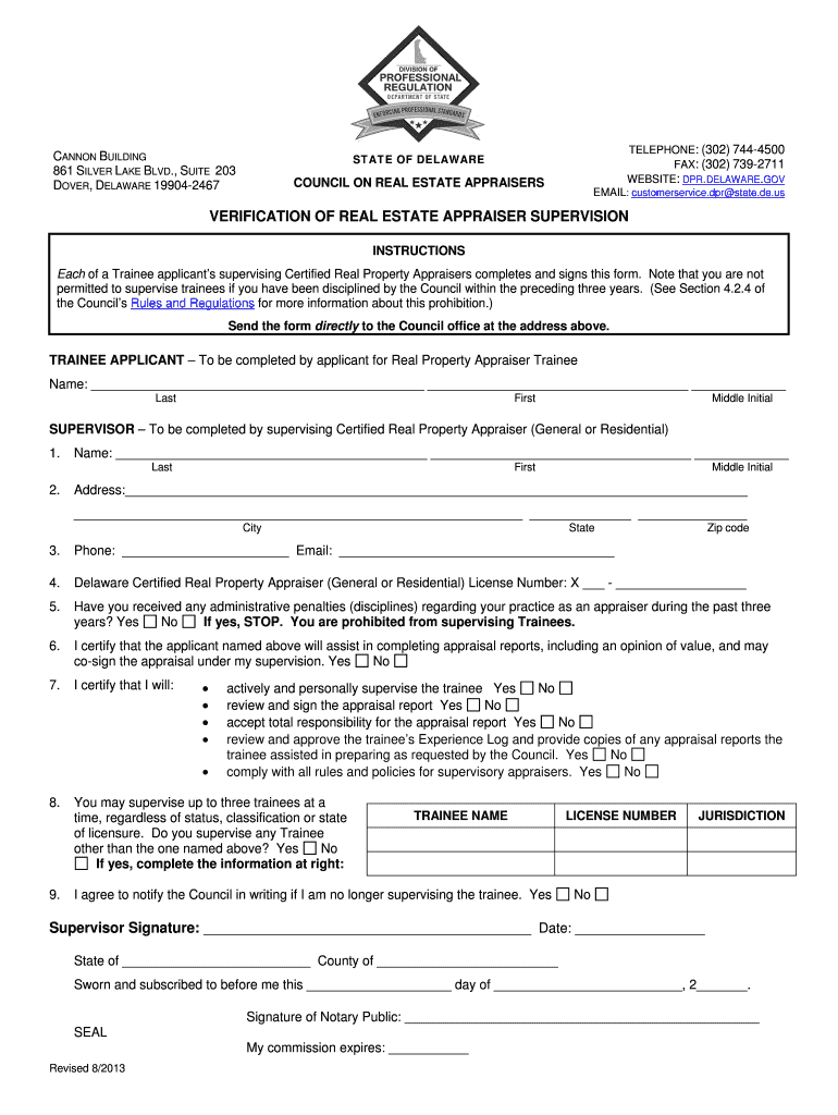 Fillable Online dpr delaware VERIFICATION OF REAL ESTATE APPRAISER