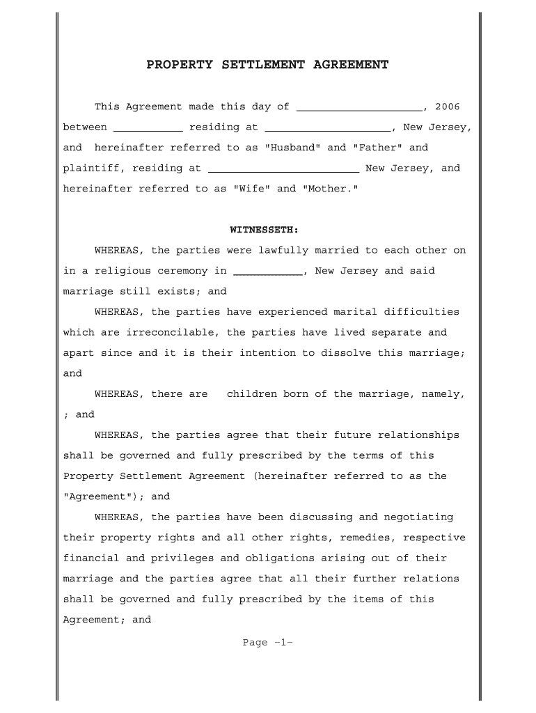 Fillable Online PROPERTY SETTLEMENT AGREEMENT Fax Email Print pdfFiller