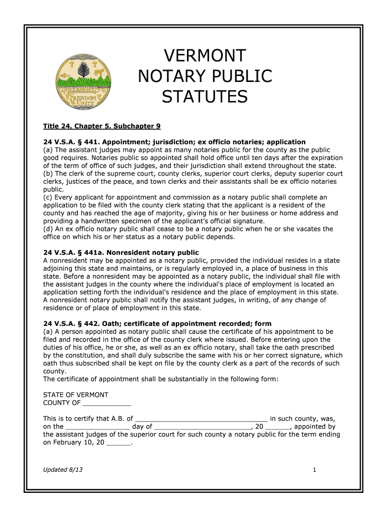 Fillable Online BVERMONTb NOTARY PUBLIC STATUTES Notary Law Institute