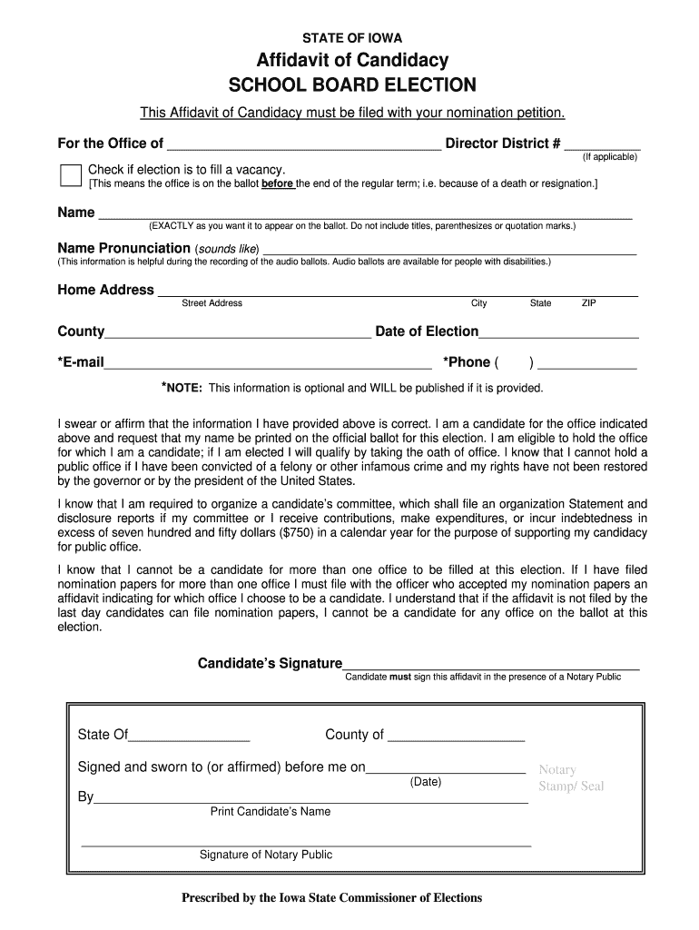 Fillable Online co cerrogordo ia Affidavit of Candidacy SCHOOL BOARD
