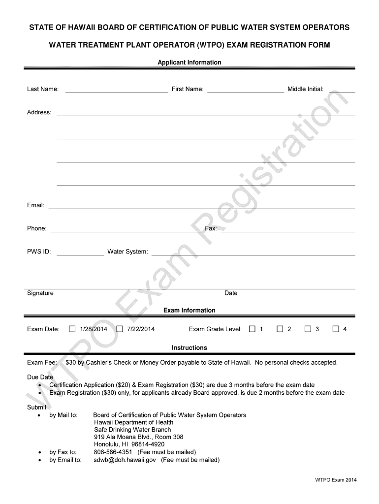 Fillable Online WATER TREATMENT PLANT OPERATOR (WTPO) EXAM REGISTRATION FORM Fax Email Print