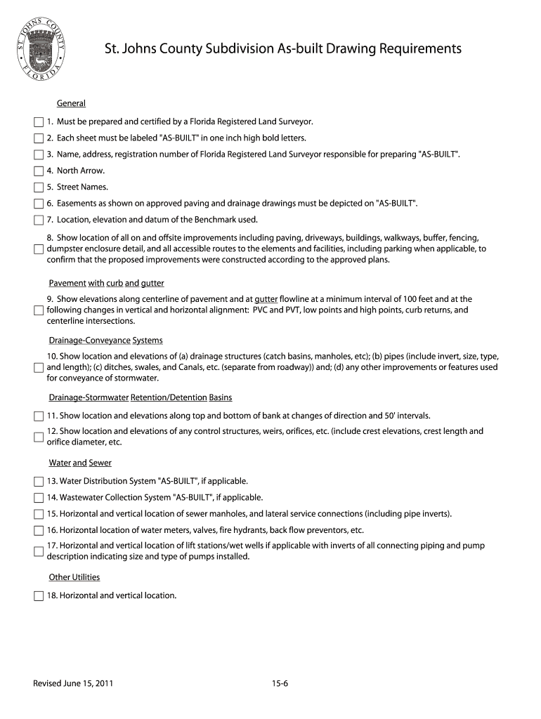 FL Subdivision Asbuilt Drawing Requirements St. Johns County 2011 Fill and Sign Printable