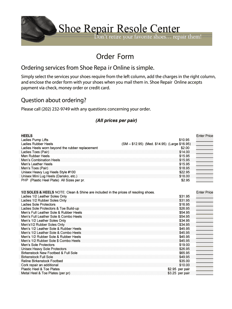 Fillable Online Order Form Shoe Repair Resole Center Fax Email Print