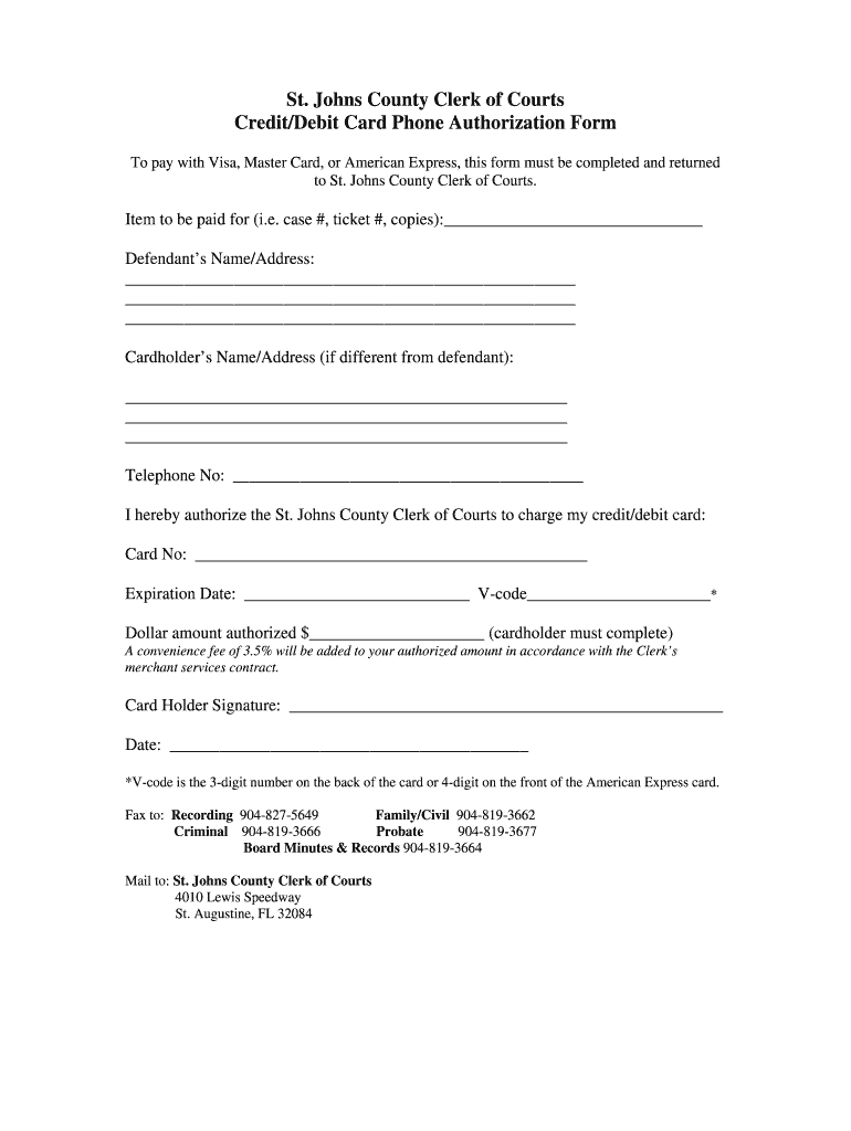 Fillable Online Credit Card Form Saint Johns County Clerk of Courts