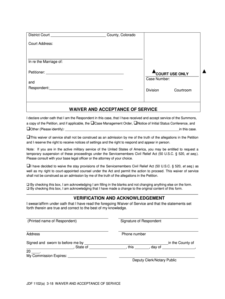 Fillable Online WAIVER AND ACCEPTANCE OF SERVICE courts.state.co.us Fax Email Print pdfFiller
