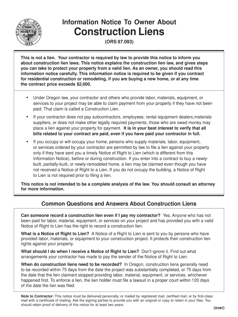 Fillable Online Oregon Mechanics Lien Law in Construction FAQs, Forms
