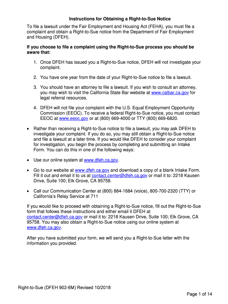 Fillable Online Right to Sue Intake Form DFEH State of California