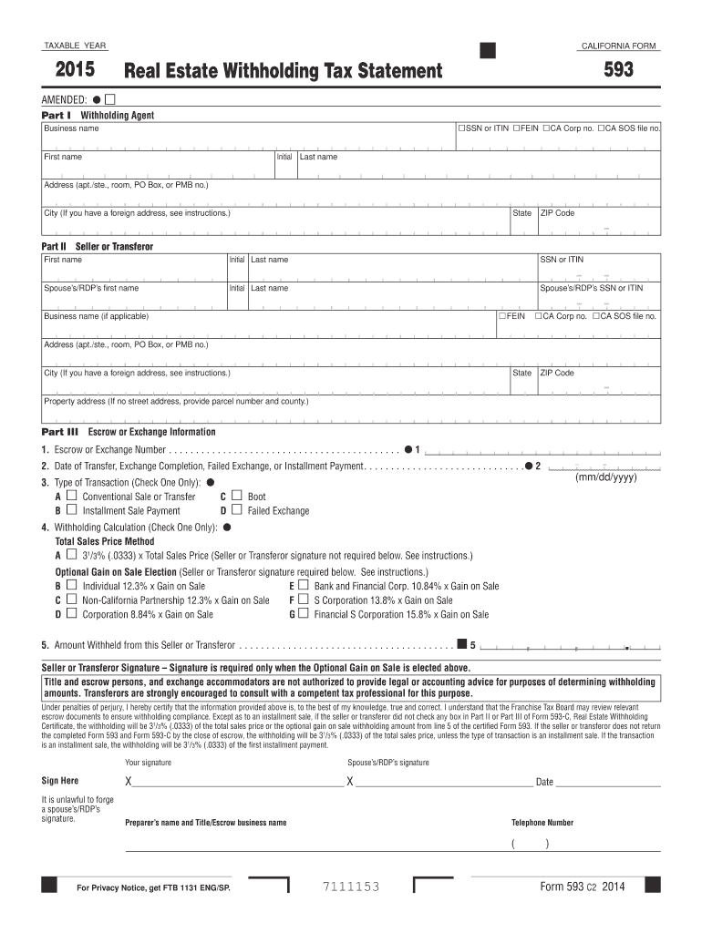Fillable Online 2015 Form 593 Real Estate Withholding Tax Statement