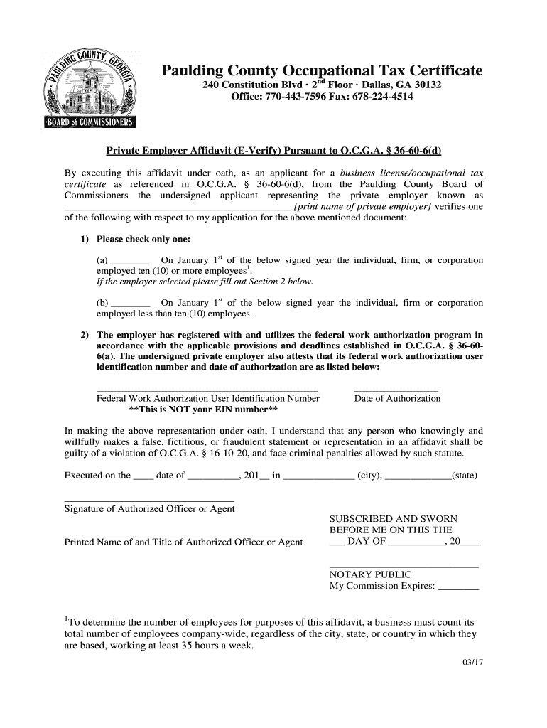 Fillable Online Paulding County Occupational Tax Certificate Fax Email Print pdfFiller