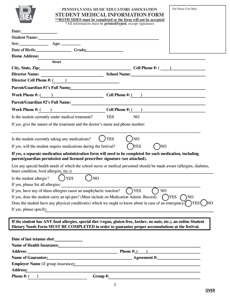 PA PMEA Student Medical Information Form 20182021 Fill and Sign