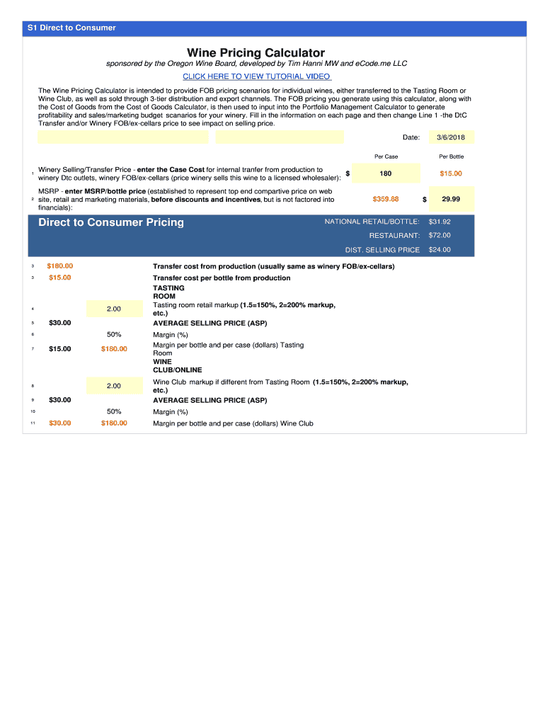 Fillable Online Wine Pricing Calculator Oregon Wine Industry Oregon