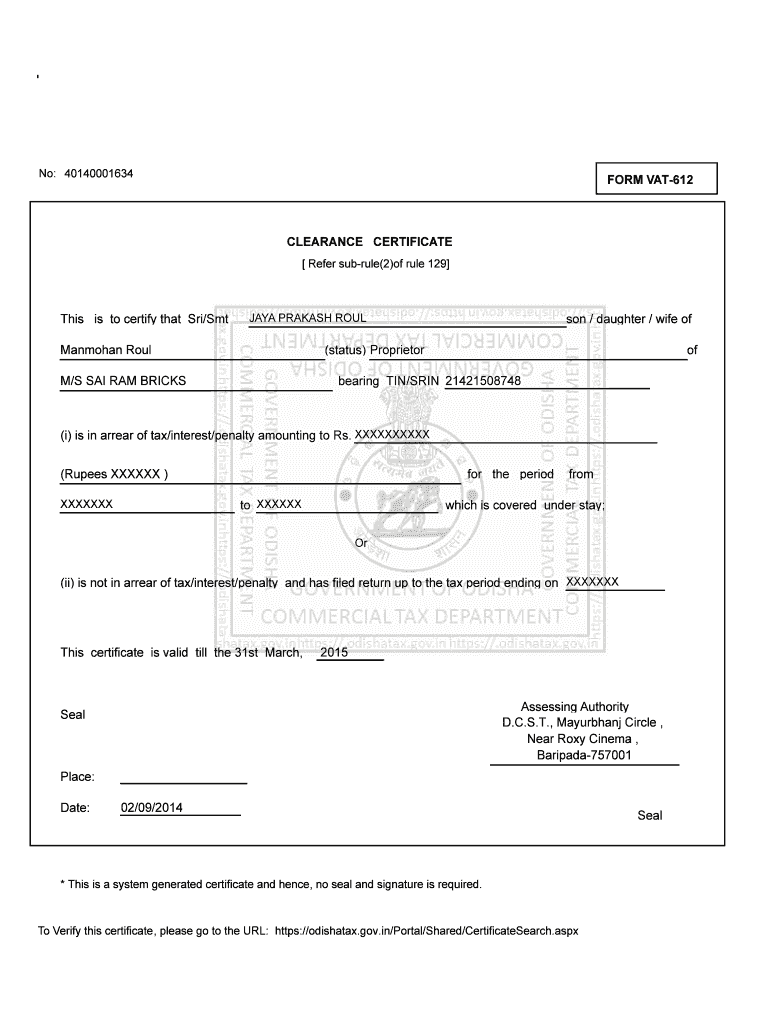 Fillable Online docs orissaminerals gov FORM VAT612 CLEARANCE
