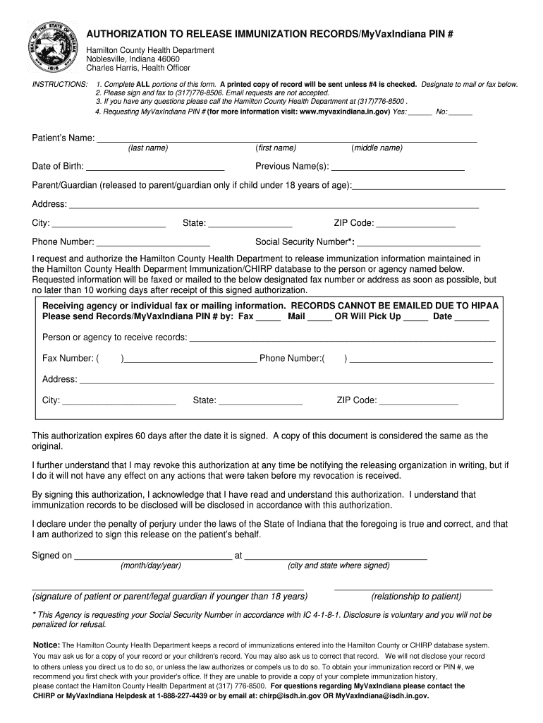 Fillable Online hamiltoncounty in Authorization to Release Immunization
