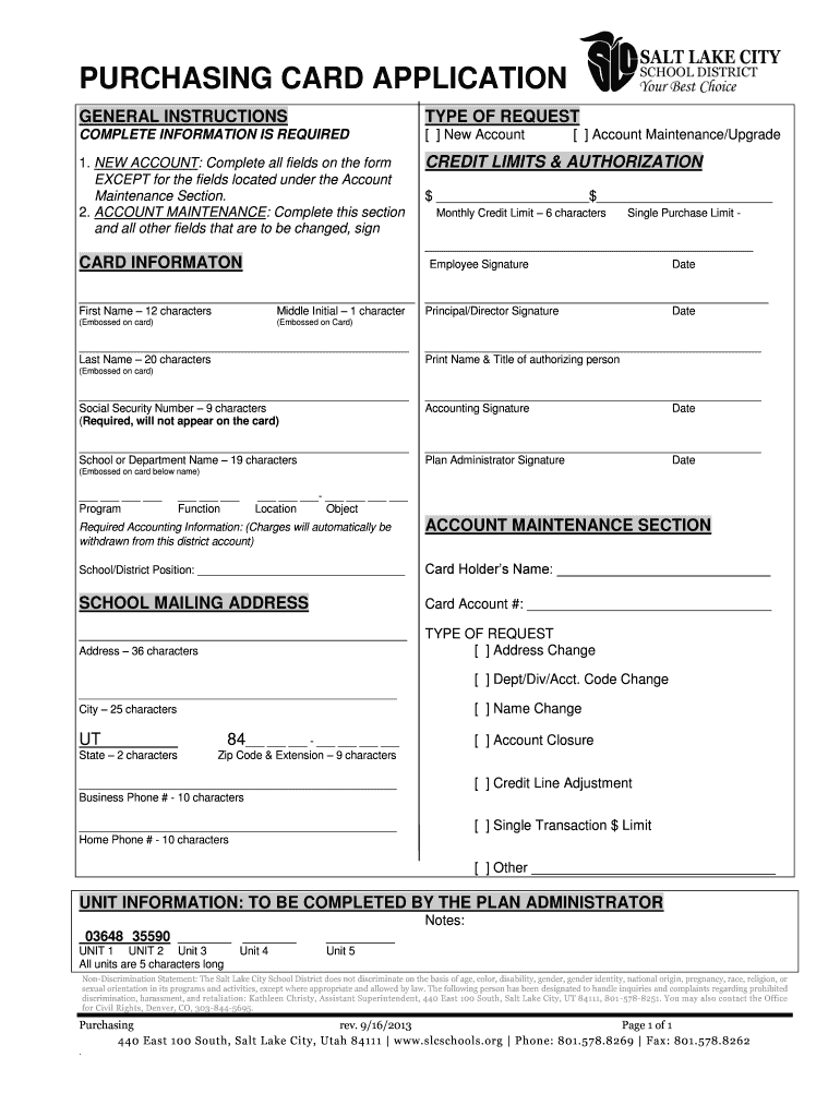Fillable Online slcschools PCard Application Salt Lake City School