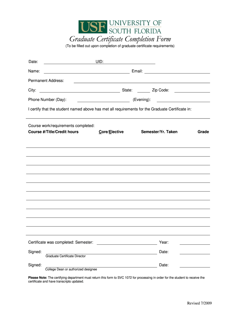 USF Graduate Certificate Completion Form 2009 Fill and Sign Printable Template Online US
