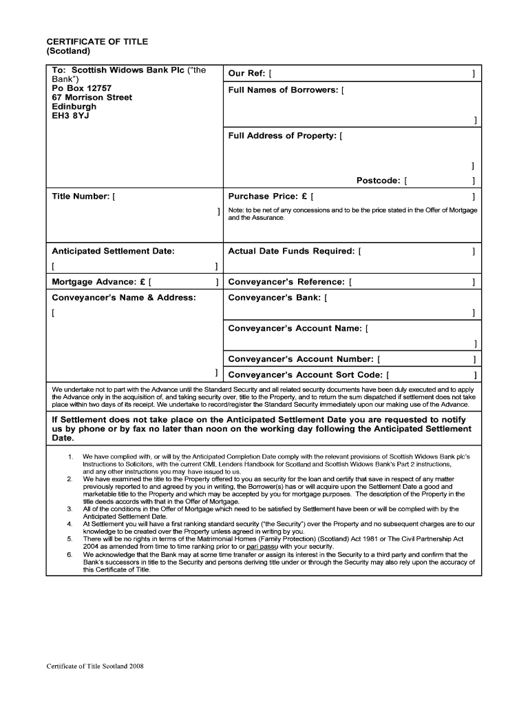 Fillable Online CERTIFICATE OF TITLE (Scotland) To Scottish Widows