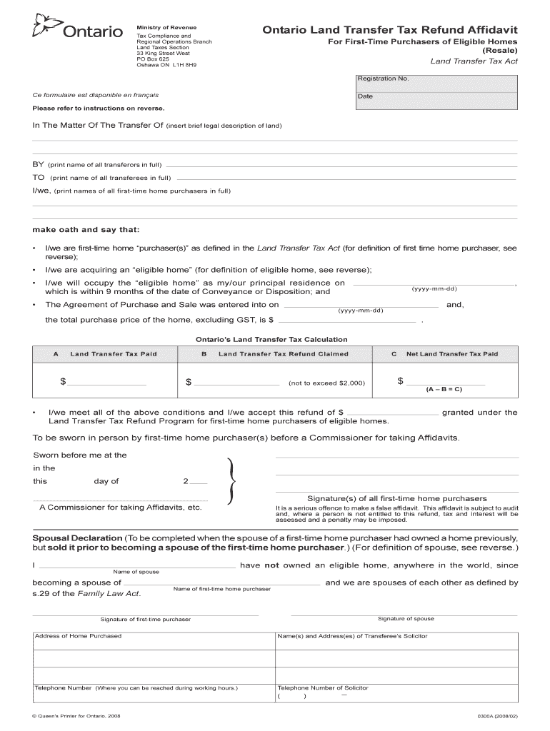 Fillable Online Ontario Land Transfer Tax Refund Affidavit for FirstTime Purchasers of Eligible