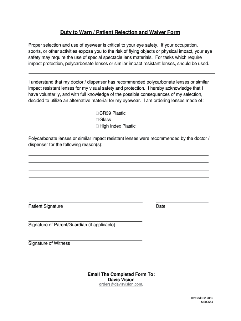 Fillable Online Duty to Warn / Patient Rejection and Waiver Form