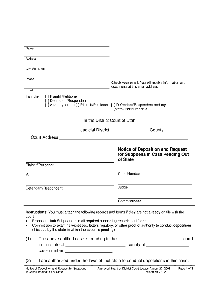 UT Notice of Deposition and Request for Subpoena in Case Pending Out of