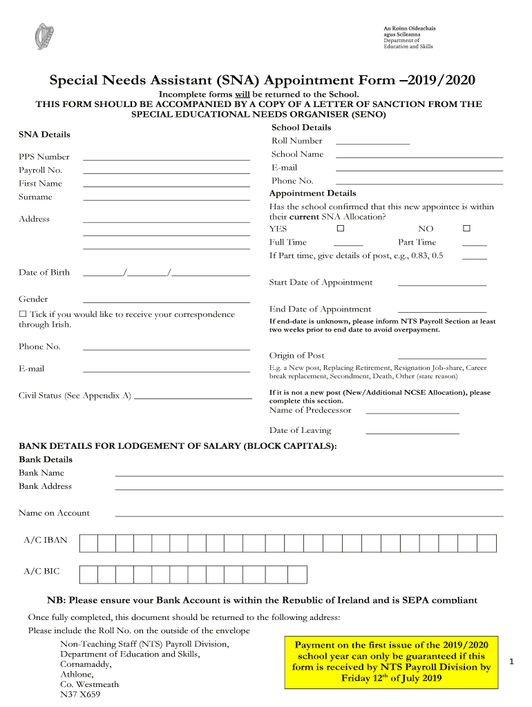 Fillable Online Special Needs Assistant (SNA) Apointment Form