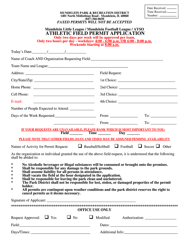 Field Permit Application Mundelein Park & Recreation District