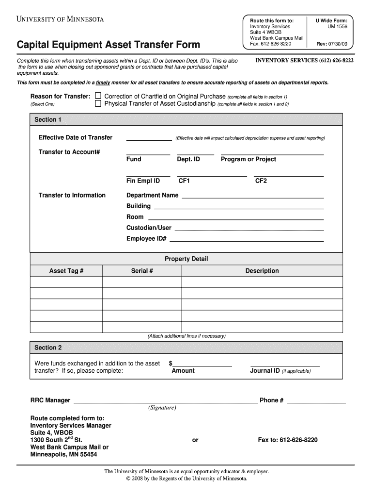 Fillable Online chem umn Capital Equipment Asset Transfer Form