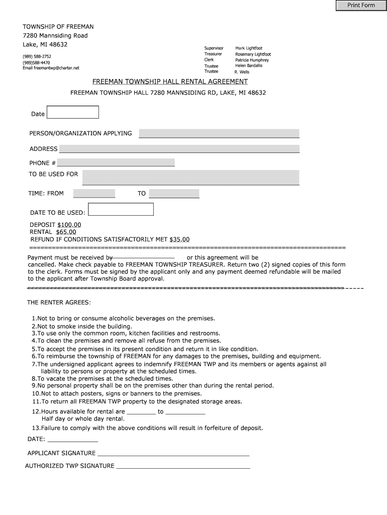 Fillable Online Hall Rental Form Freeman Township Fax Email Print