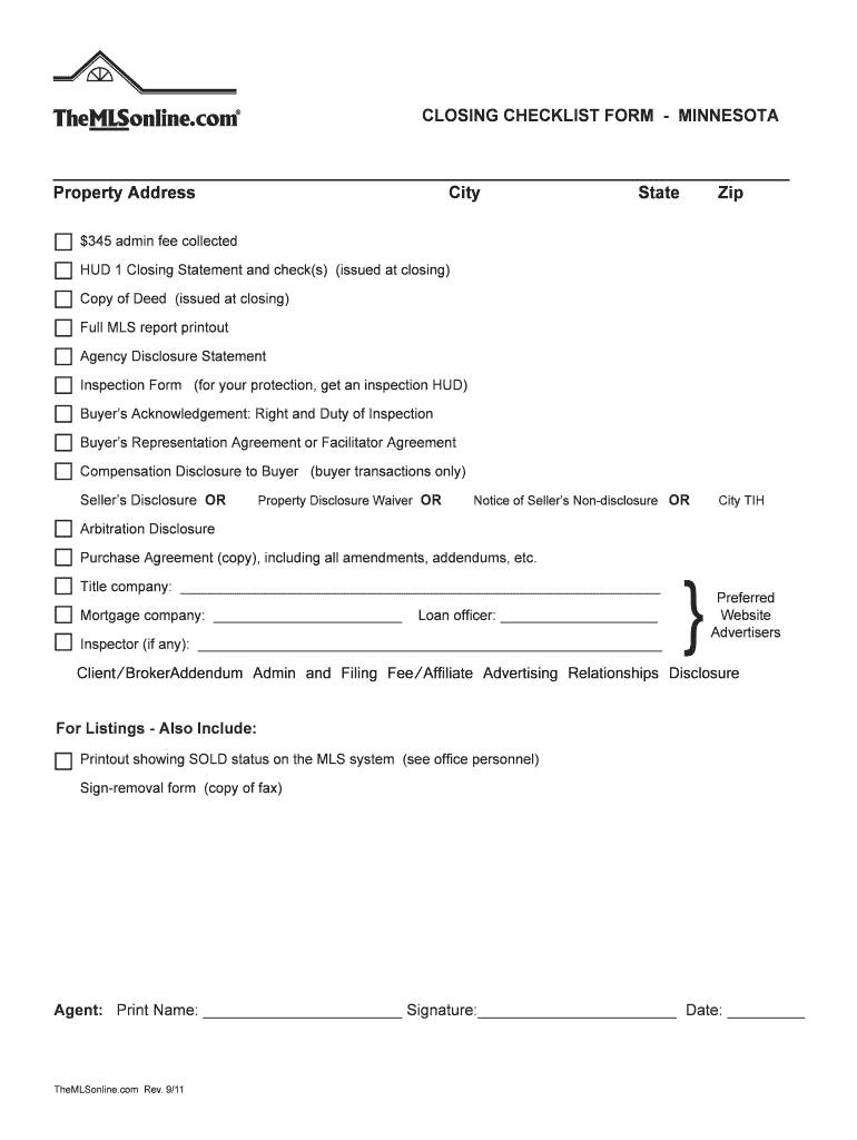 Fillable Online CLOSING CHECKLIST FORM MINNESOTA Property Address