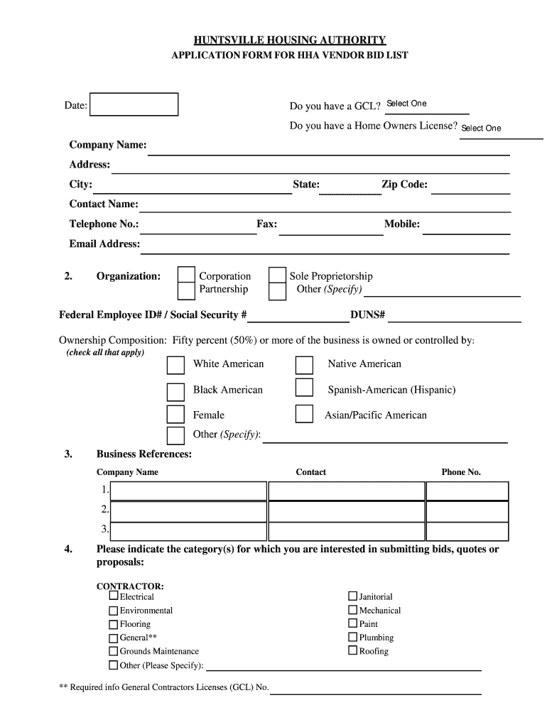 Fillable Online huntsvillehousing Vendor Bid Application Huntsville