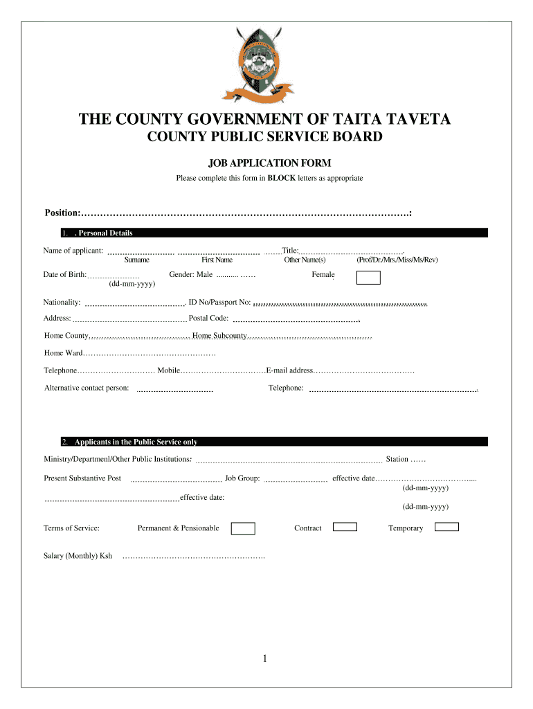 Taita Taveta County Public Service Board Application Form Fill Online