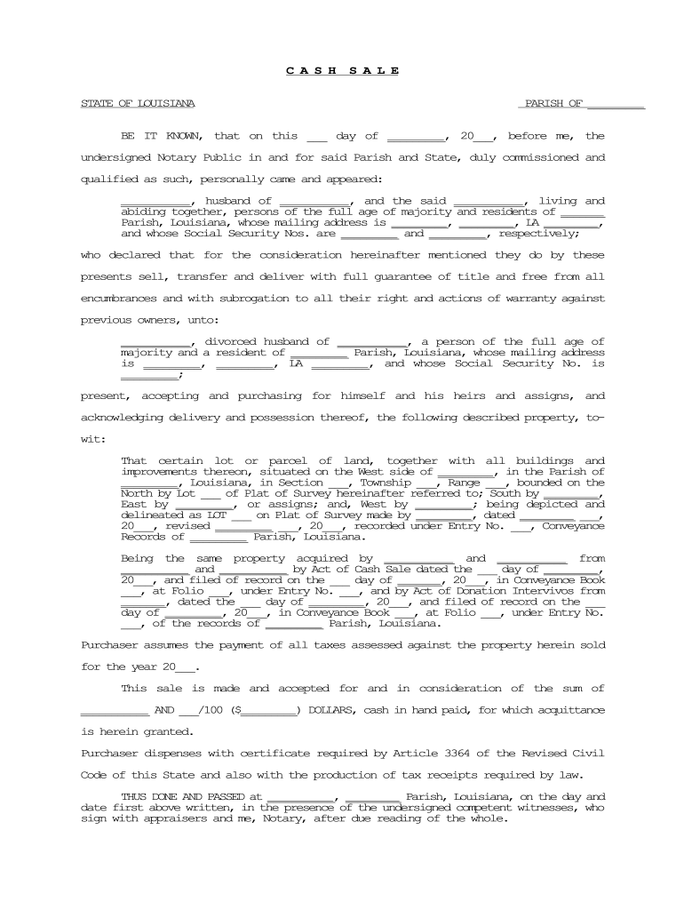 Louisiana Cash Sale Fill Online, Printable, Fillable, Blank pdfFiller