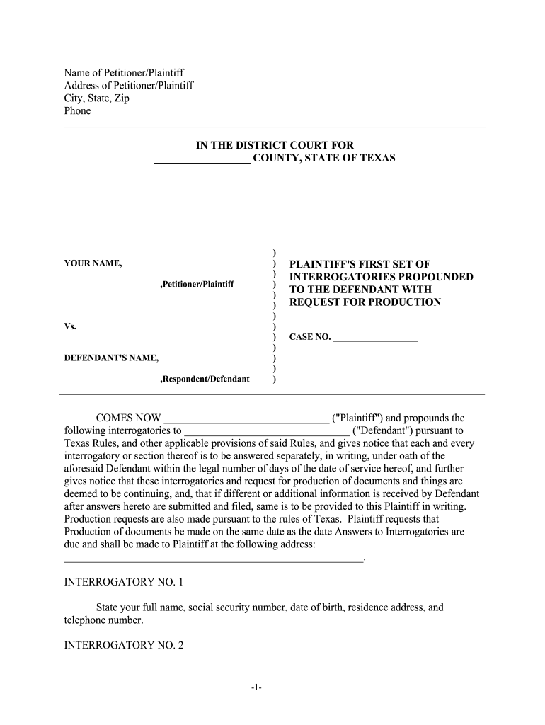 Fillable Online Texas Discovery Interrogatories from Plaintiff to