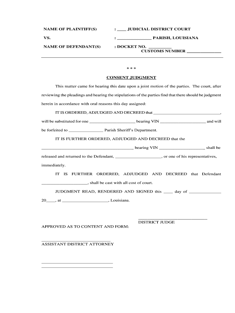 Consent Judgment Louisiana Fill Online, Printable, Fillable, Blank